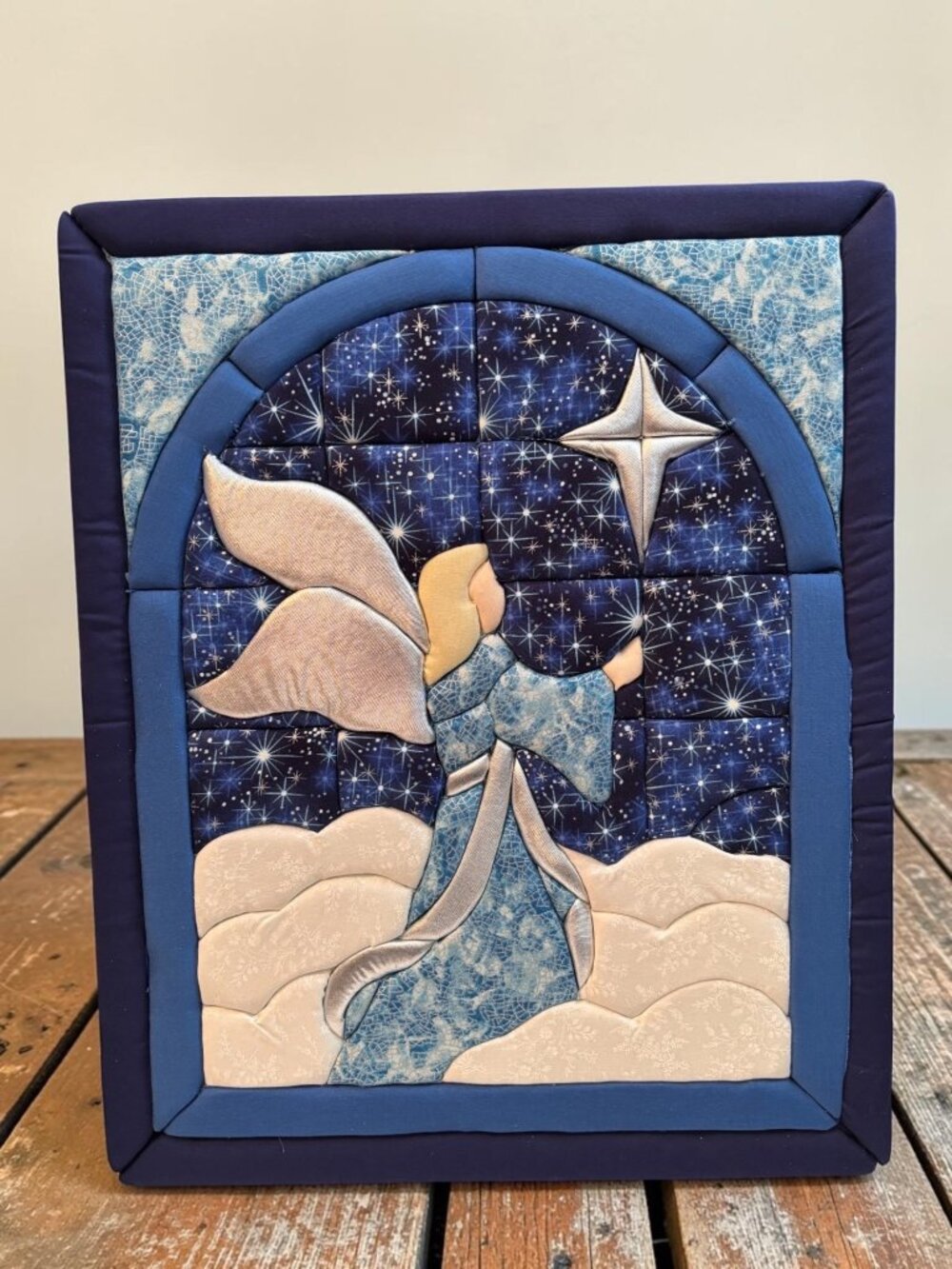 Quilted Angel Wall Art With Starry Night Sky Design Blue & White Fabric 19"x15"